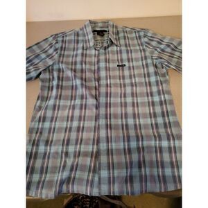 Calvin Klein Jeans Mens Button Up‎ Shirt Plaid Med Teal Black Silver Pocket Logo